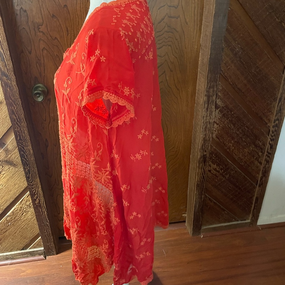 Johnny Was Orange Embroidery tunic blouse eyelet size XS round short sleeve lace - Picture 9 of 16